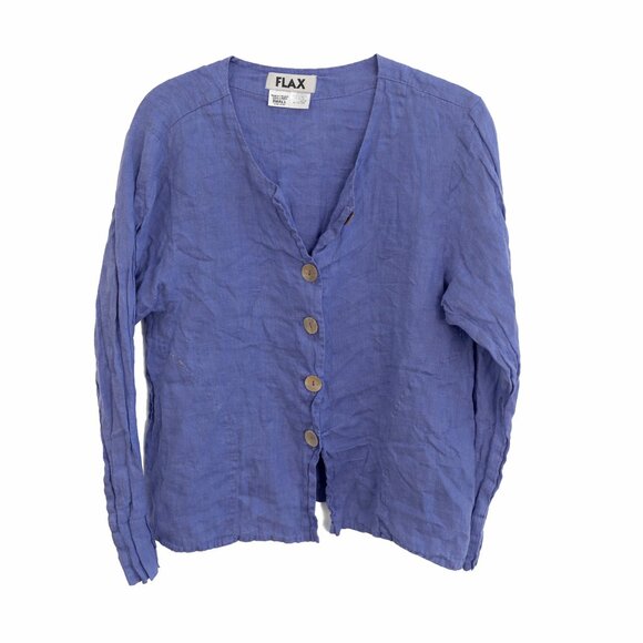 Flax Tops - FLAX 100% Linen Cropped Button Front Top Small Blue Long Sleeve Lightweight Made